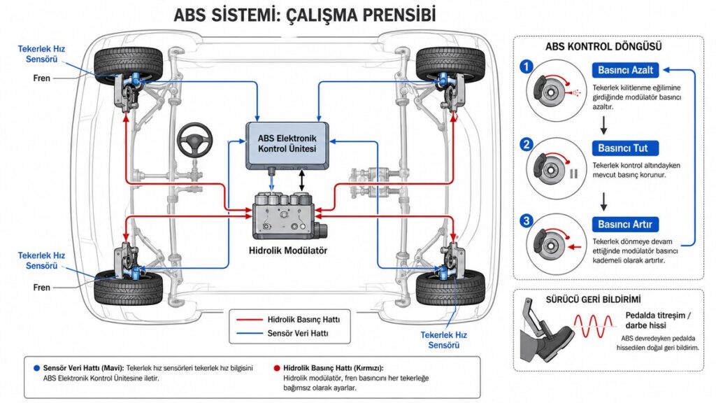ABS fren sistemi nasıl çalışır diyagramı ile tekerlek hız sensörü kontrol ünitesi ve hidrolik modülatör
