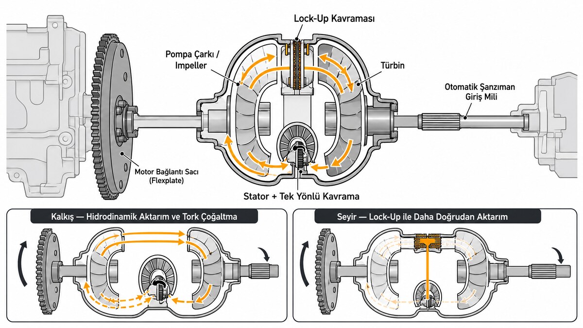 tork konvertörlü otomatik şanzıman pompa türbin stator ve lock-up kavraması teknik diyagramı